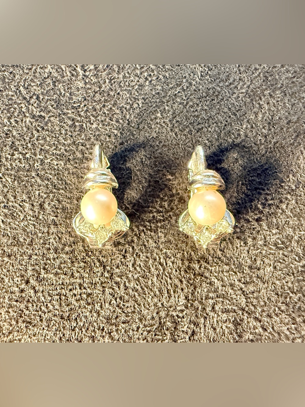 Vintage Signed Crown Trifari Silver Tone Faux Pearl & Crystal Accent Earrings